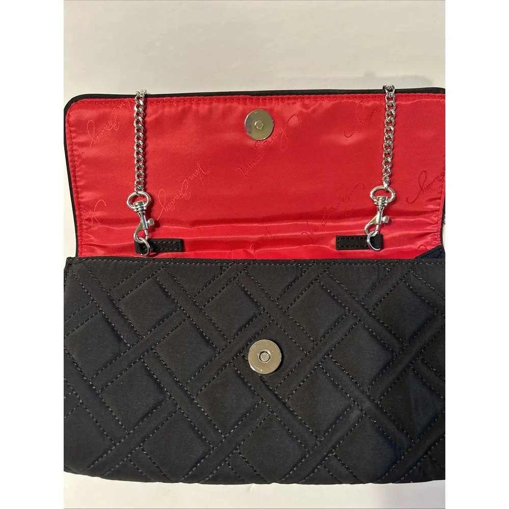 Vera Bradley Celebration Clutch Black Quilted Red Pink Flower Silver Chain Strap